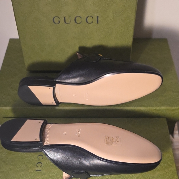 Gucci Black Leather Mules with Gold Accents - Picture 7 of 10